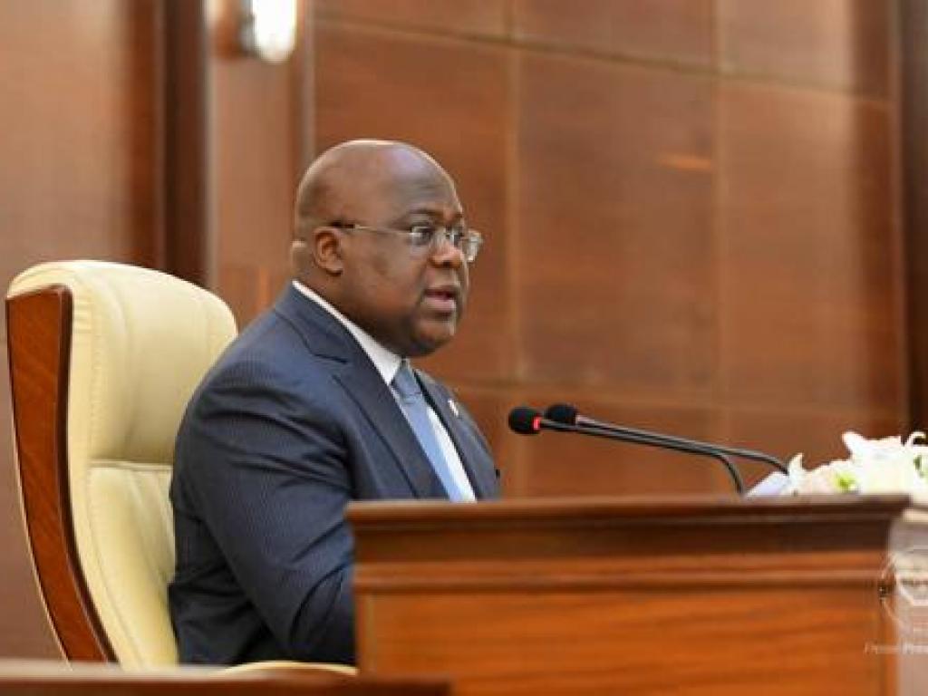 Le Président de la République Félix Antoine Tshisekedi lors de la cérémonie d'échanges de vœux avec le corps diplomatique accrédité en RDC. Kinshasa, le 27 janvier 2022. PRÉSIDENCE RDC