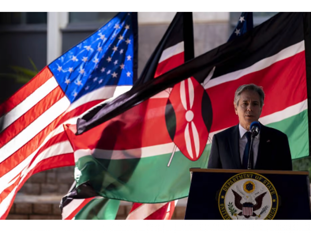 Le secrétaire d’État américain, Antony Blinken, à l’ambassade américaine de Nairobi, au Kenya, le 18 novembre 2021. © Andrew Harnik/AP/SIPA