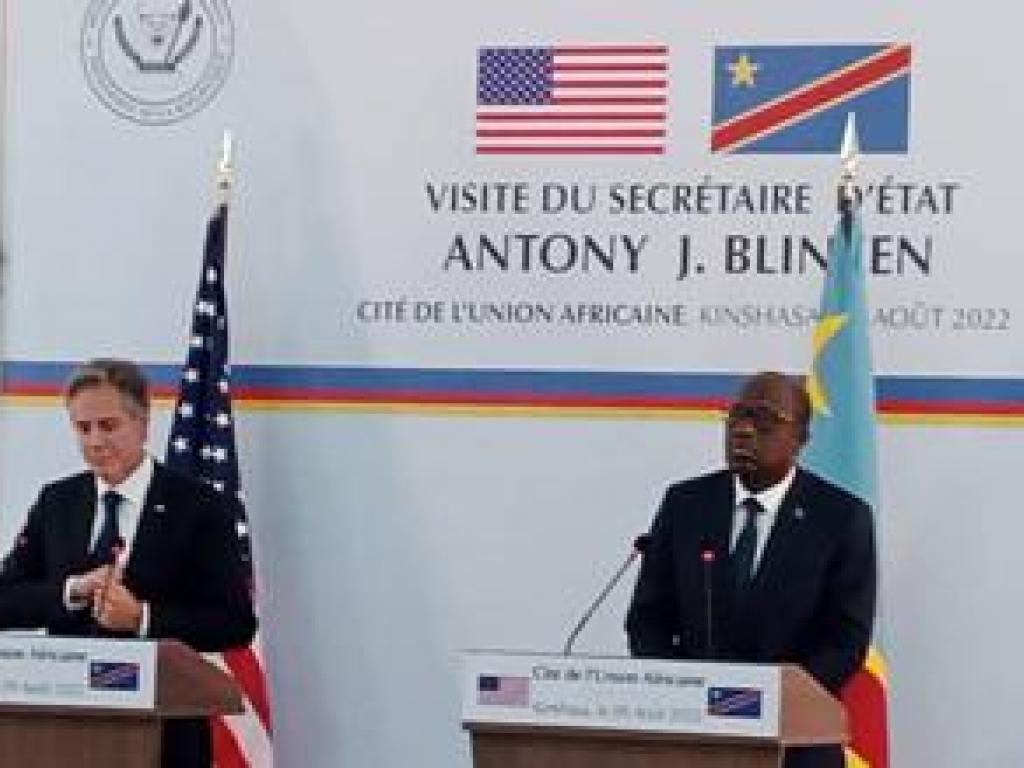 Le Vice-Premier ministre et minstre des affaires étrangères, Christophe Lutundula et le Secrétaire d'Etat américain Antony Blinken lors de la Conférence de presse au palais Présidentiel. Kinshasa, le 09 août 2022 Radio Okapi/Ph. Billy Ivan Lutumba