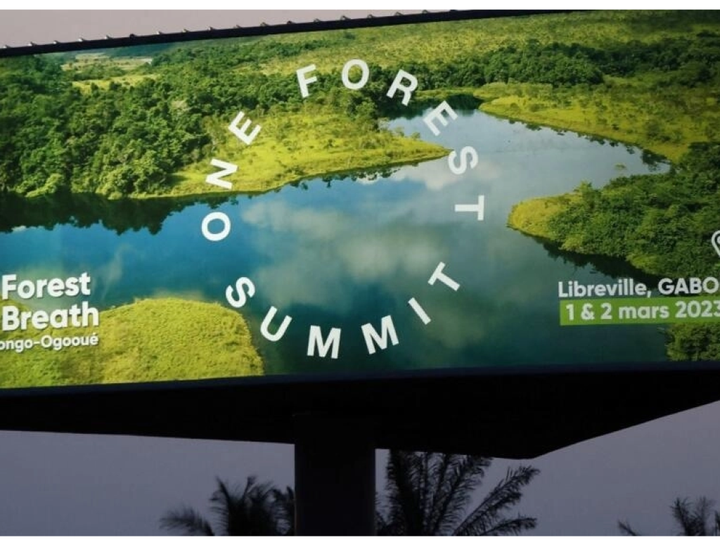 Un panneau dans les rues de Libreville, le 28 février 2023, annonçant le One Forest Summit, prévu dans la capitale gabonaise le 1er et le 2 mars. AFP - LUDOVIC MARIN