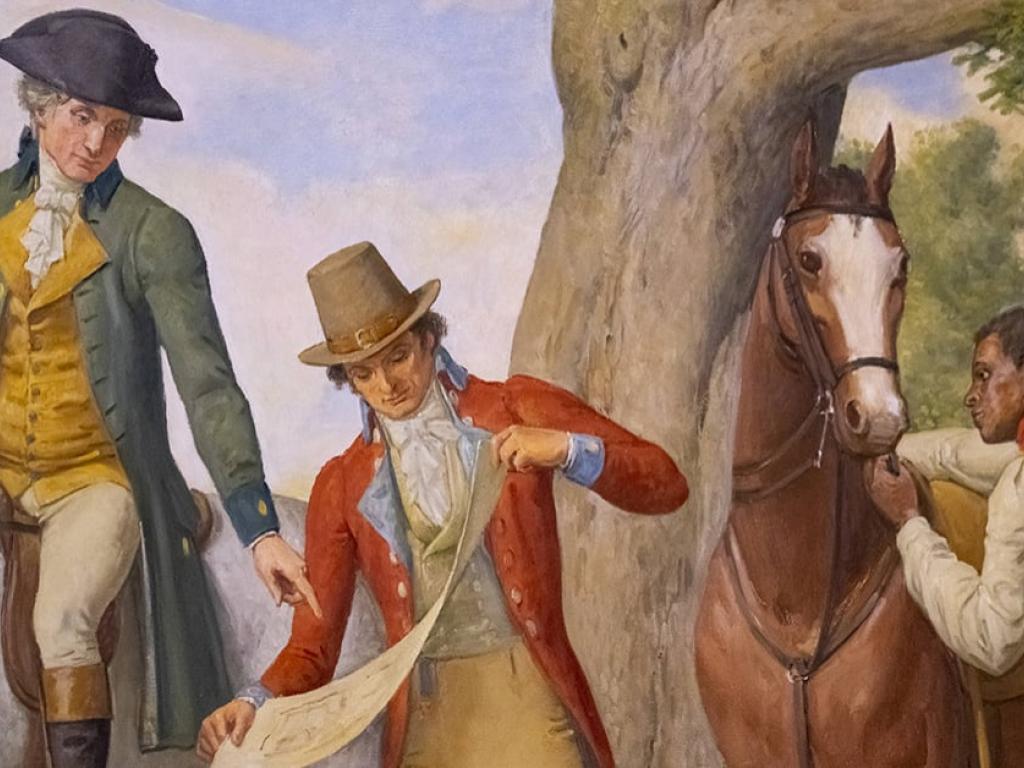 Peinture murale représentant George Washington avec un esclave sur le site du futur Capitole, à Washington. © Rod Lamkey/CNP/NEWSCOM/SIPA