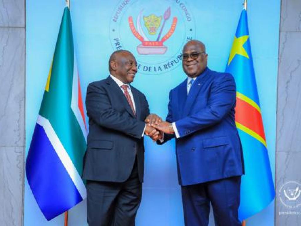 Les Présidents Félix-Antoine Tshisekedi et Cyril Ramaphosa le 6/07/2023 au Palais de la Nation à Kinshasa. Présidence RDC