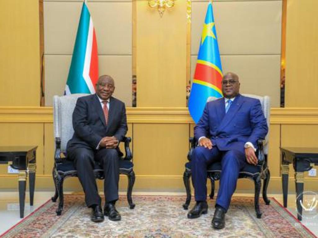 Les Présidents Félix-Antoine Tshisekedi et Cyril Ramaphosa le 6/07/2023 au Palais de la Nation à Kinshasa. Présidence RDC