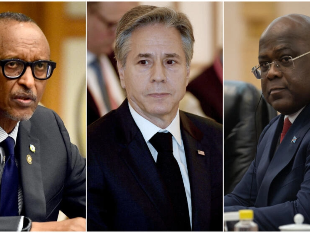 De gauche à droite: le président rwandais Paul Kagame, le secrétaire d'État américain Anthony Blinken et le chef de l'État de la RDC Félix Tshisekedi. © Photos AFP - Montage RFI