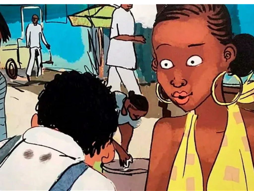 Aya, « la go trop stylée », est de retour à Yopougon, ce petit coin d'Abidjan (Côte d'Ivoire), pour un tome 8 de ses aventures. © Clément Oubrerie / Gallimard