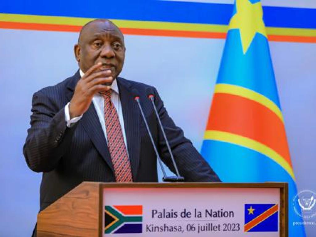 Le Président sud-africain Cyril Ramaphosa en conférence de presse au Palais de la Nation le 6/07/2023. Présidence RDC