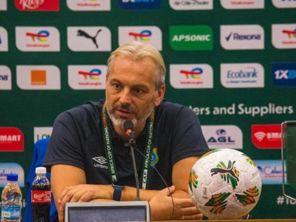 Le sélectionneur national de la RDC, Sébastien Désabre, mercredi 16 janvier 2024, à San Pedro (Cote d'Ivoire) lors de la conférence de presse d'avant-match contre la Zambie. Photo/CAF