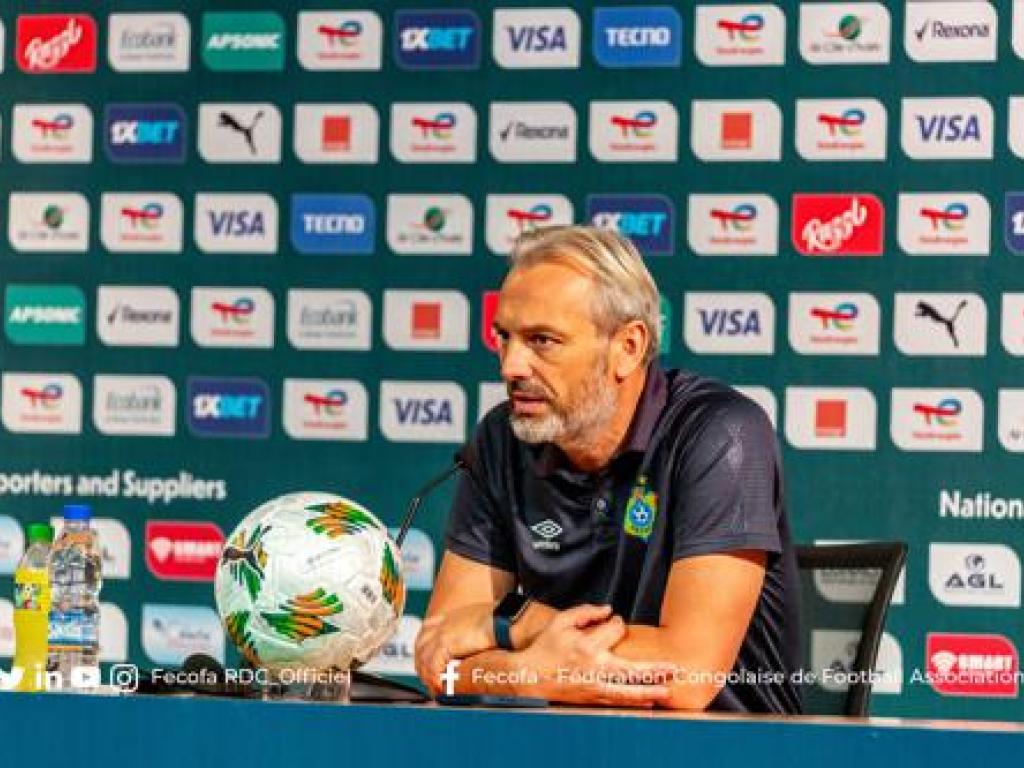 Sébastien Desabre, sélectionneur de la RDC, en conférence de presse d’avant-match le 6/02/2024. FECOFA