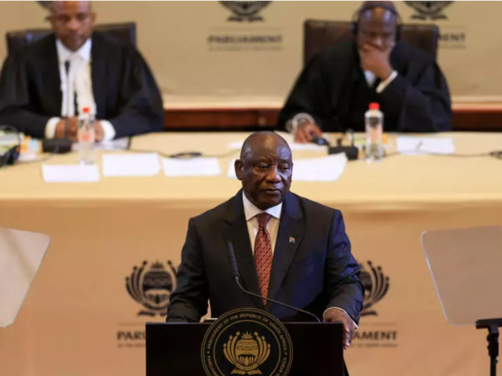 Le président sud-africain Cyril Ramaphosa, lors de son discours à la Nation au Cap, le 6 février 2025. © Esa Alexander / REUTERS