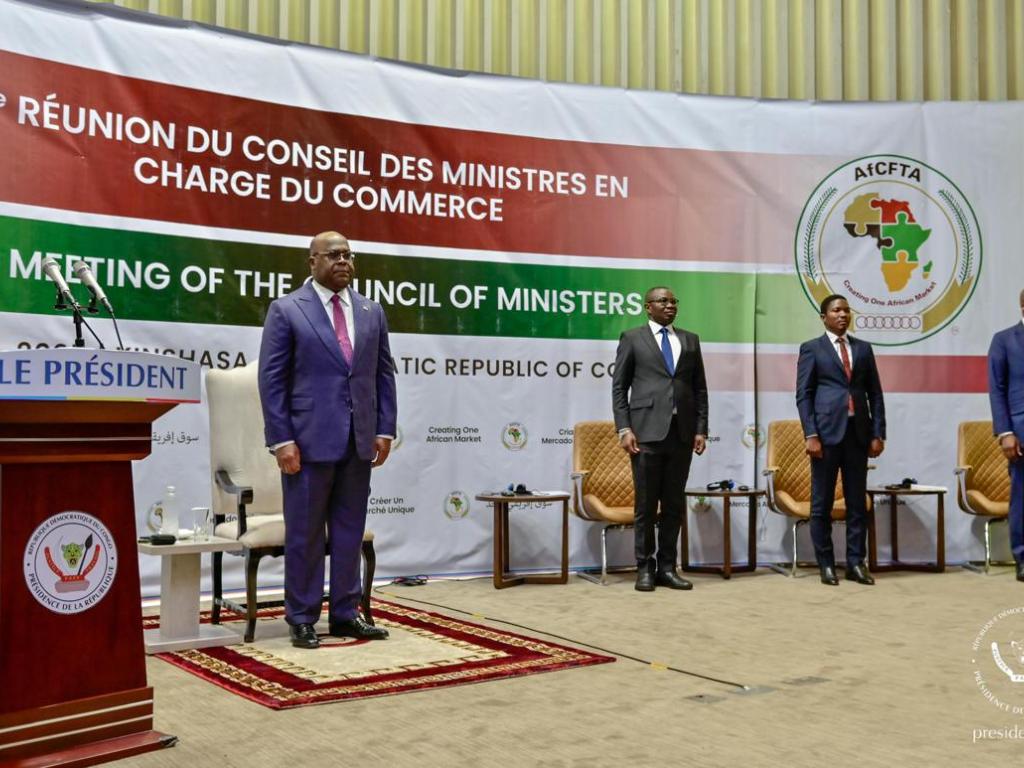 Le Président Félix-Antoine Tshisekedi lors de la 16e réunion du conseil des ministres du Commerce de la ZLECAF tenue à Kinshasa, le 15/04/2025. Présidence RDC